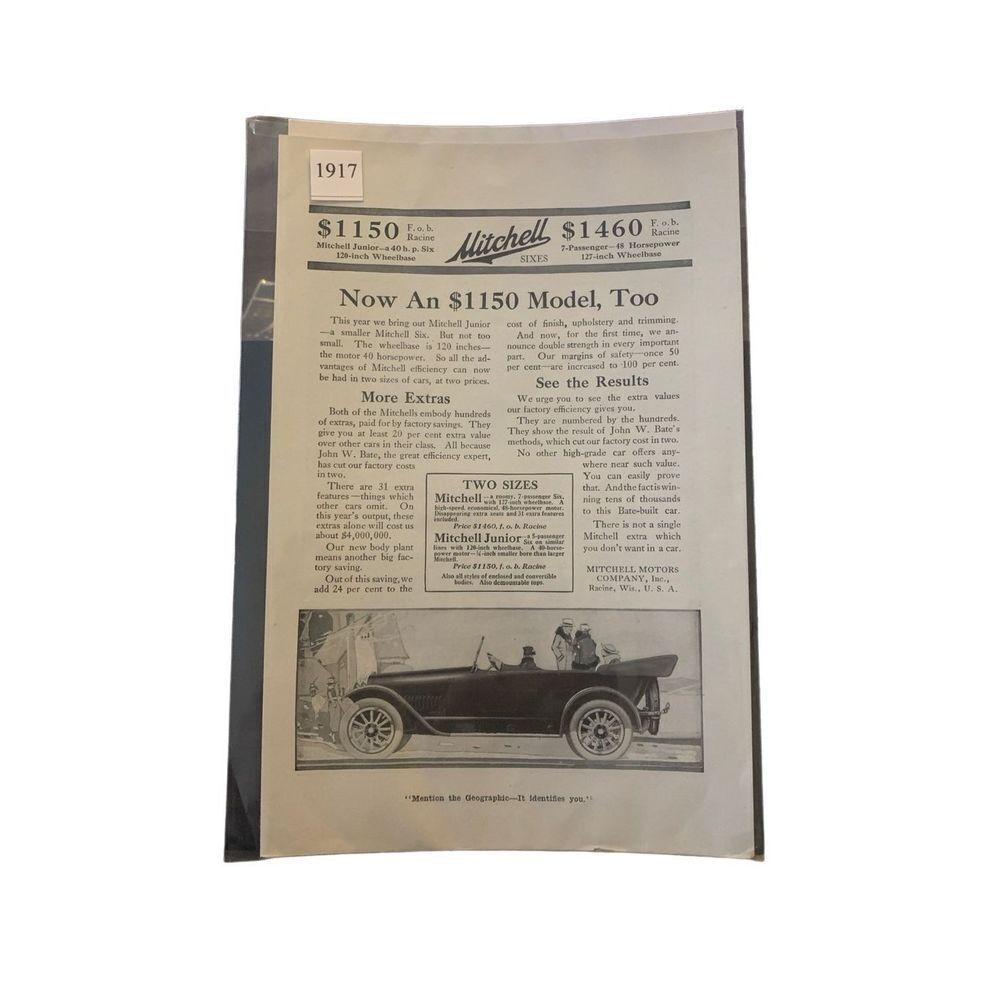 Vintage 1917 Mitchell Now an $1150 Model Too Ad Advertisment
